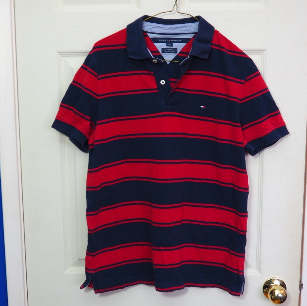 Tommy Hilfiger Red and Navy Striped Polo Shirt